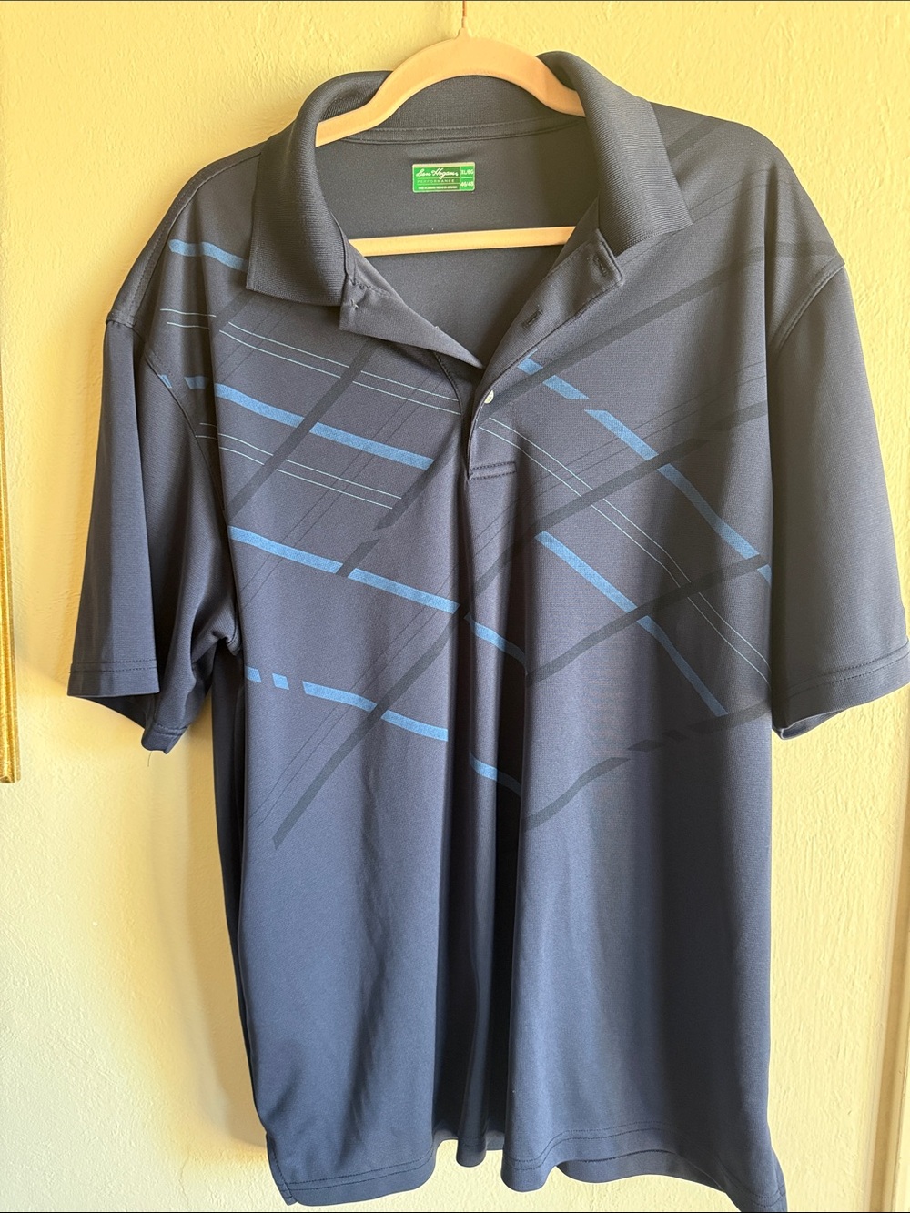 Eddie Bauer Men's Navy Polo with Light Blue Stripe Pattern